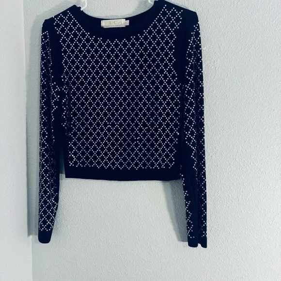 Black Stretch Long Sleeve Rhinestone Embellished Crop Top Size Large​​​ - Picture 1 of 5